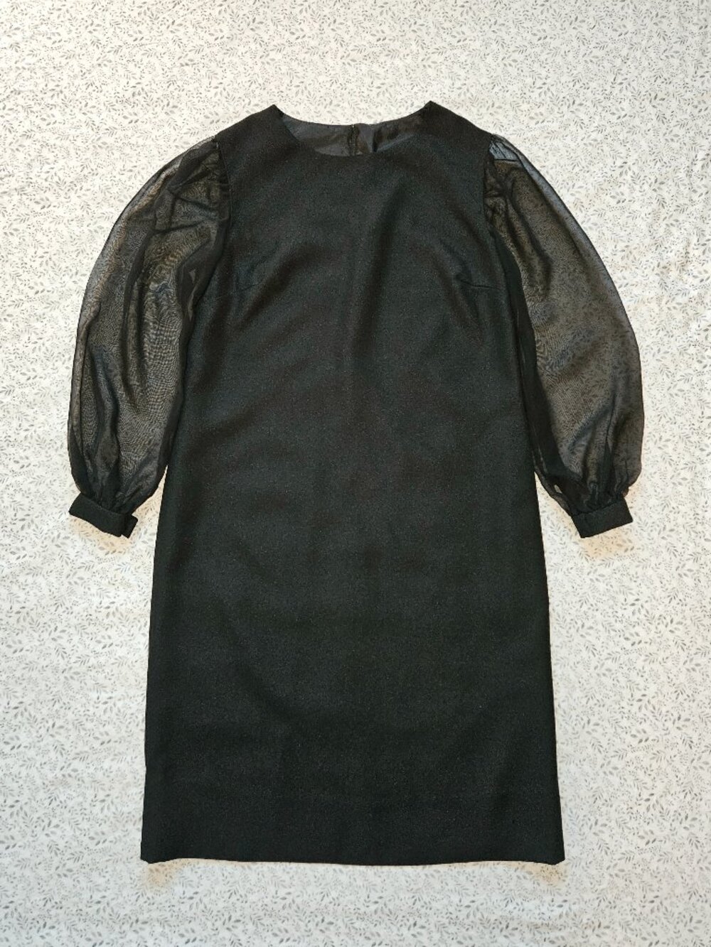 Black Straight-cut Dress with Voluminous Sheer Sleeves Cocktail Festive Party L